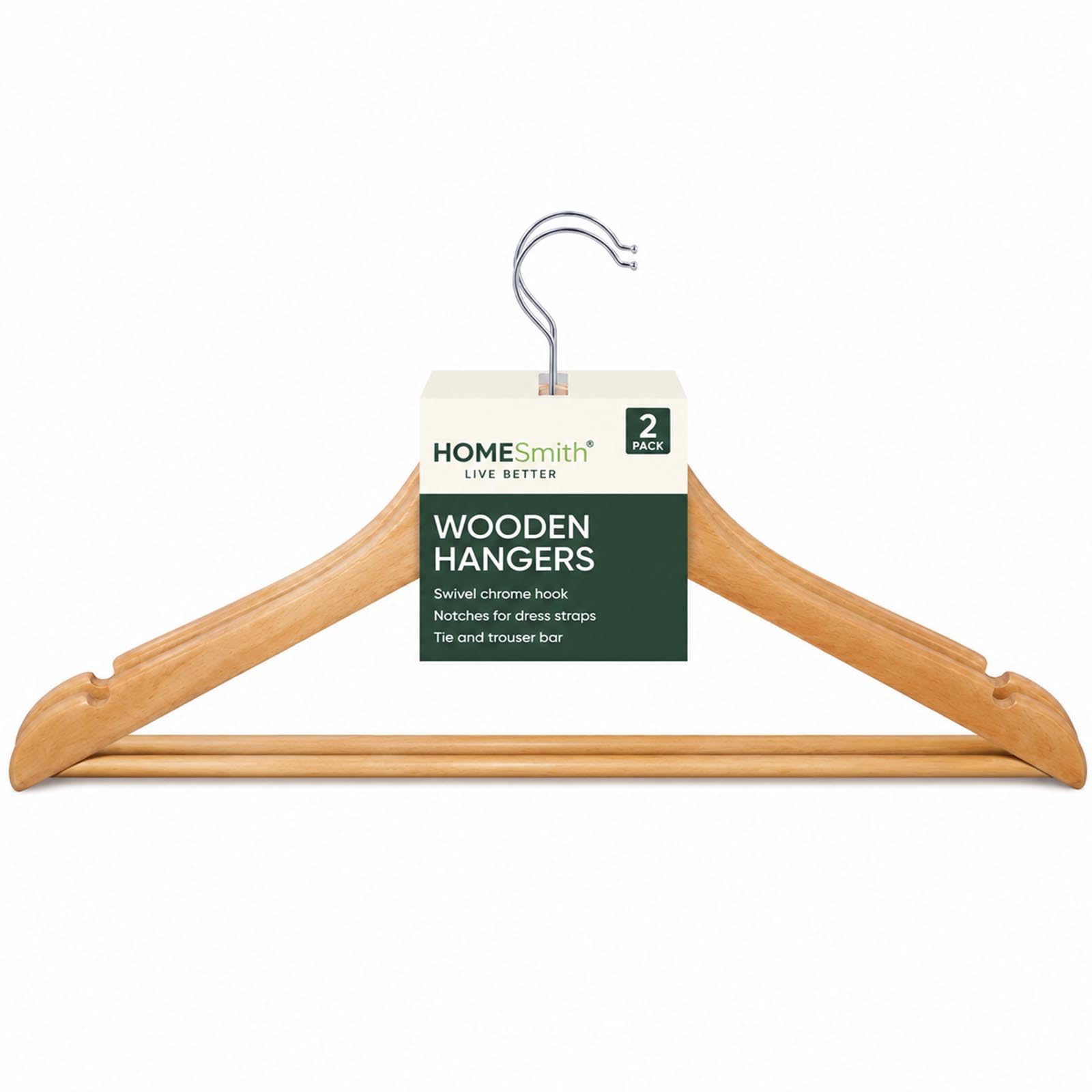 HOMESmith Wooden Clothes Hangers 2 Pack, Strong Natural Wood Wardrobe Hangers for Suits, Jackets & Coats