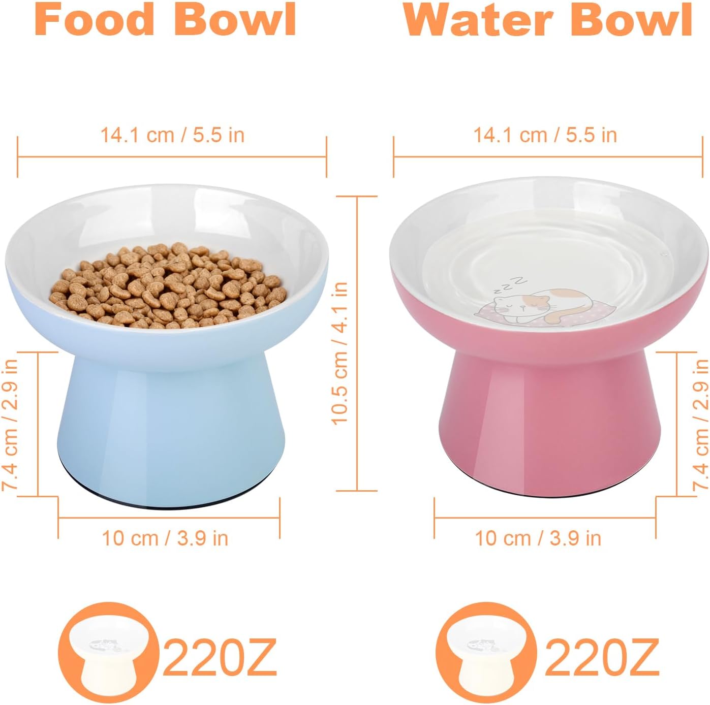 Elevated Cat Food Bowls 2 Pack,Ceramic Raised Cat Bowls with Non-Slip Base,Whisker Friendly Shallow Design for Dry & Wet Food,Anti-Vomiting Cat Feeder,Dishwasher & Microwave Safe (Pink&Blue)