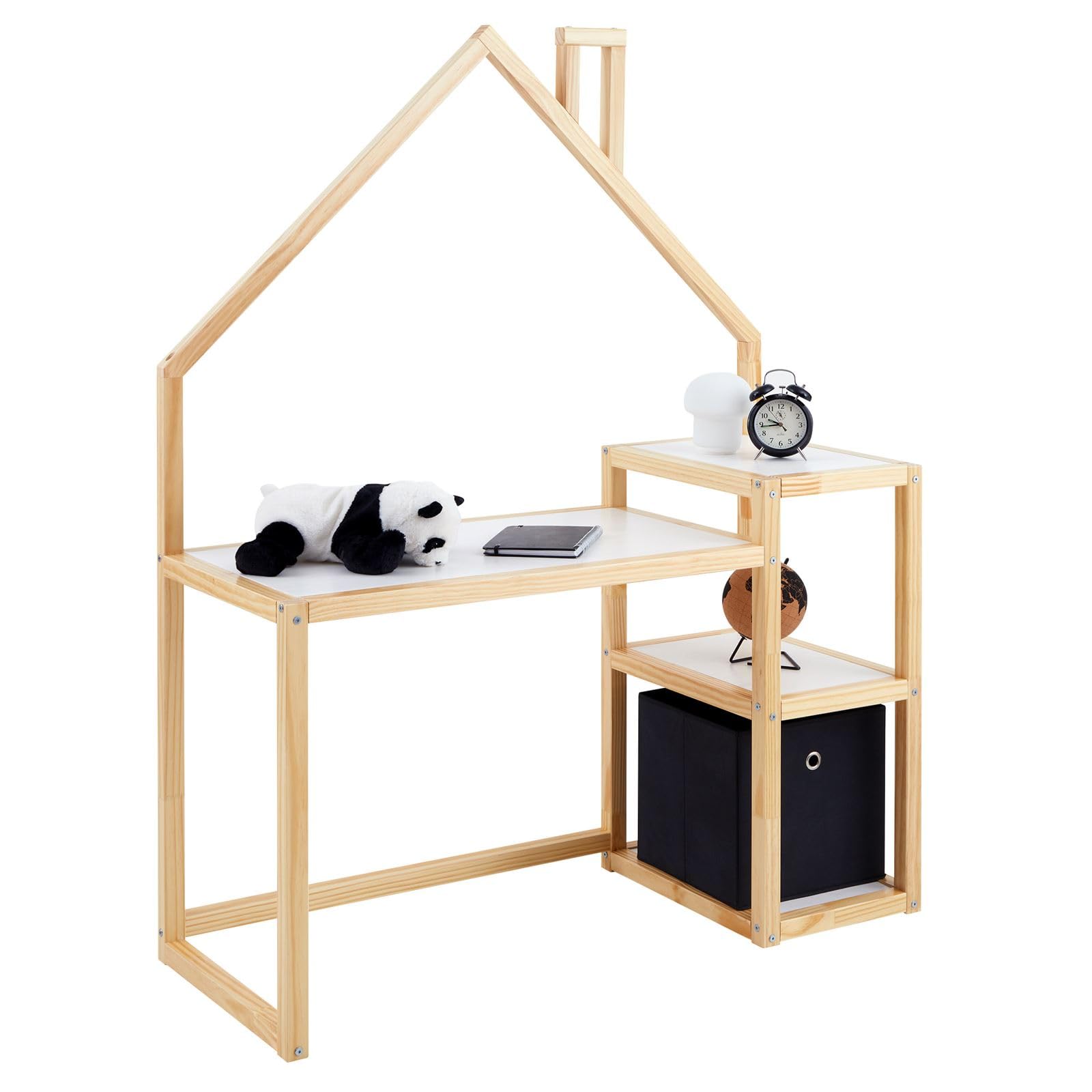 Kinderschreibtisch NIVIA Hausform natur/weiß mit Regal Stauraum gefertigt aus Kiefer Massiv. Stabil langlebig perfekt für Kinderzimmer. Montessori-Möbel ideal für Hausaufgaben oder Bastelarbeiten.