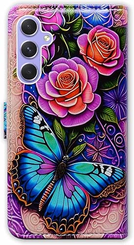 Miniatura 7 de Funda para Samsung Galaxy A54 5G, diseño de mariposas azules, flores y rosas, funda de piel con tapa para teléfono con ranura para tarjeta y soporte