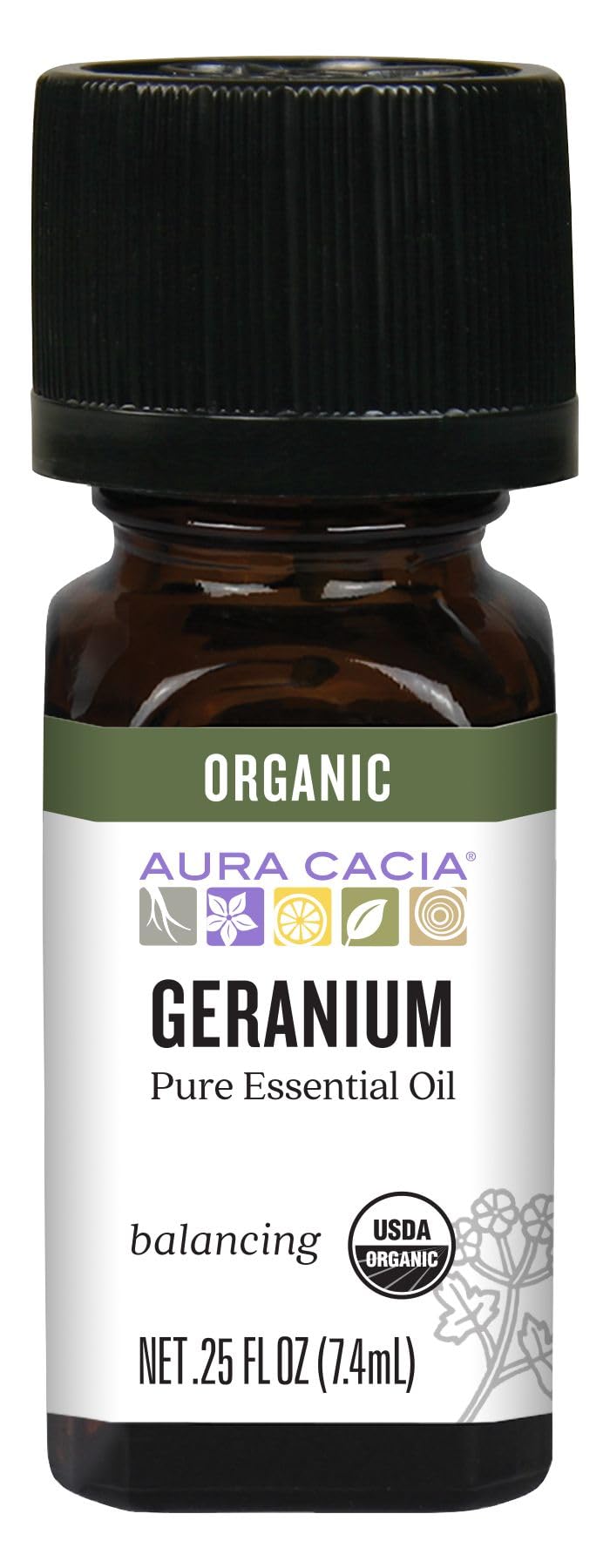 Aura Cacia 100% Pure Geranium Essential Oil | Certified Organic, GC/MS Tested for Purity | 7.4 ml (0.25 fl. oz.) | Pelargonium graveolens