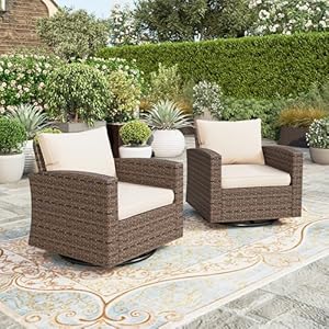 HERAS HOUSE Outdoor Swivel Rocker Patio Chairs Set of 2 Wicker Patio Furniture for Porch Poolside Deck Backyard BrownBeige