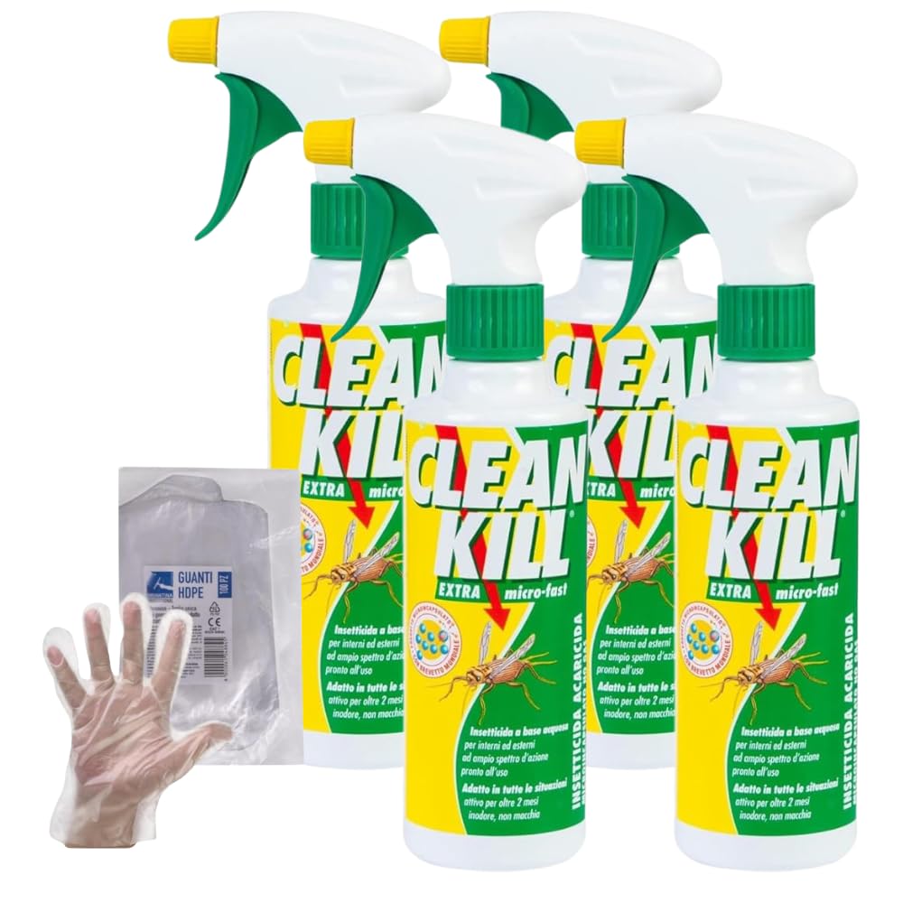 CLEAN KILL Insetticida Ecologico Biokill Spray Extra Micro Fast No Gas a Base Acquosa, Ideale per Blatte, Cimici, Tarli, Zanzare, e Altri Insetti, Uso Interno ed Esterno, Flacone da 375ml (4 Unità)