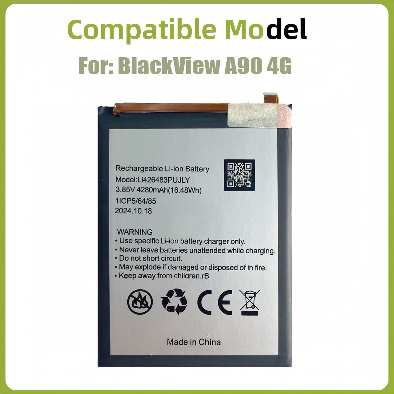 E-yiiviil Replacement Battery LI426483PUJLY 3.85V 4280mAh Battery Compatible with BlackView A90 4G LI426483PUJLY Mobile Phone Battery with Tools E-yiiviil Replacement Battery LI426483PUJLY 3.85V 4280mAh Battery Compatible with BlackView A90 4G LI426483PUJLY Mobile Phone Battery with Tools