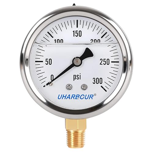 UHARBOUR Medidor de presión relleno de glicerina con caja de acero inoxidable 304, tamaño de dial de 2.5 pulgadas, 0-300Psi, alta precisión, montaje