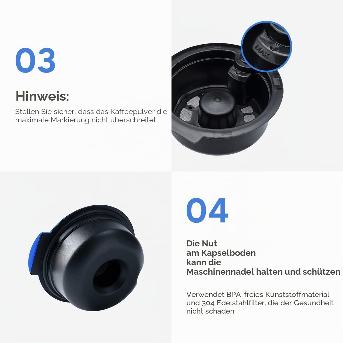 Nachfüllbare Kaffeepads 60 + 180 ml + zusätzliche Silikondeckel 200 + 220 ml, kompatibel mit Tassimo-Kaffeemaschine, mit Kaffeestampfer