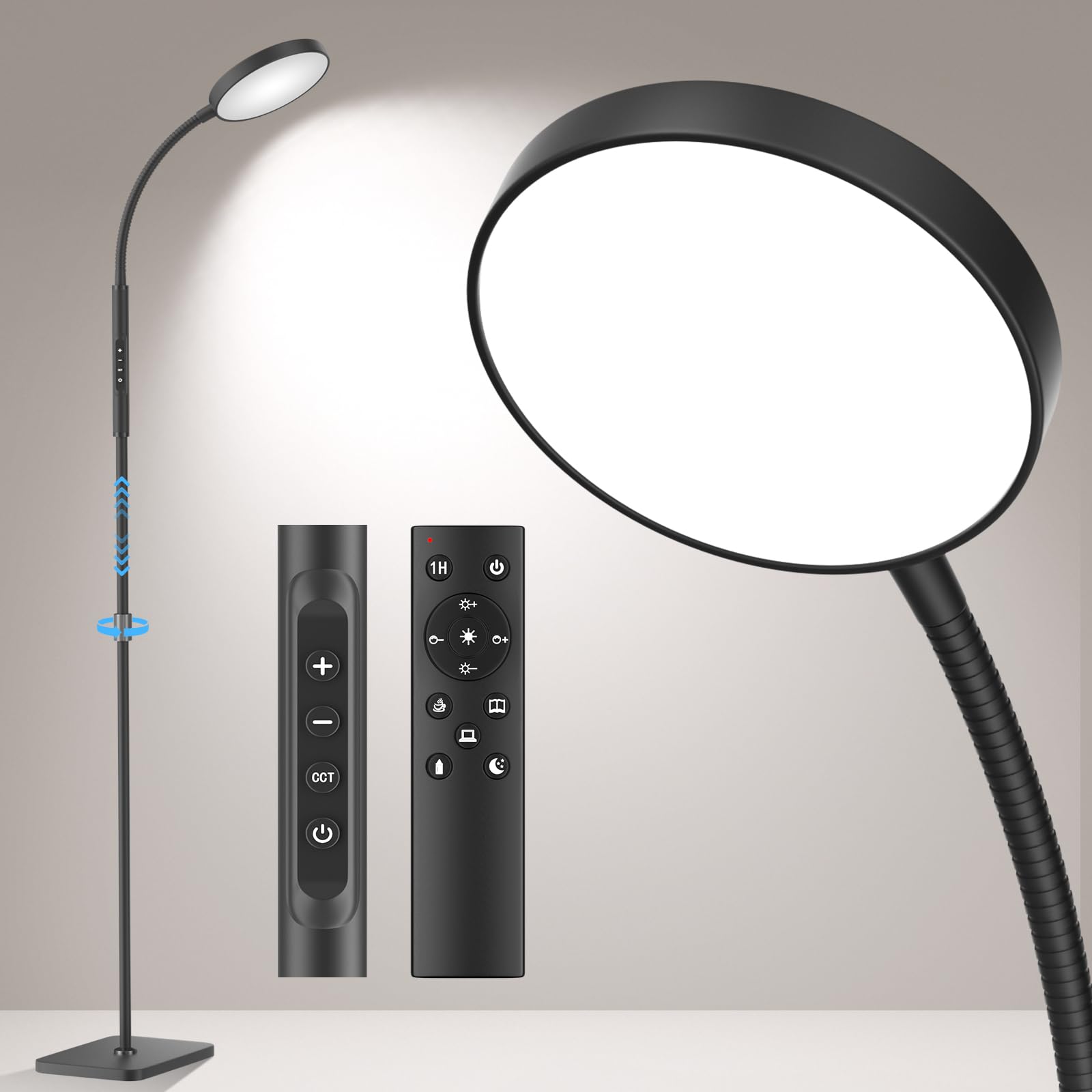 PACOVY Floor Lamp, Adjustable Height Floor Lamps for Living Room Bedroom, 120 LED Super Bright Standing Lamp Remote & Touch Control Dimmable Gooseneck Tall Stand Reading Lamp for Office Craft, Black
