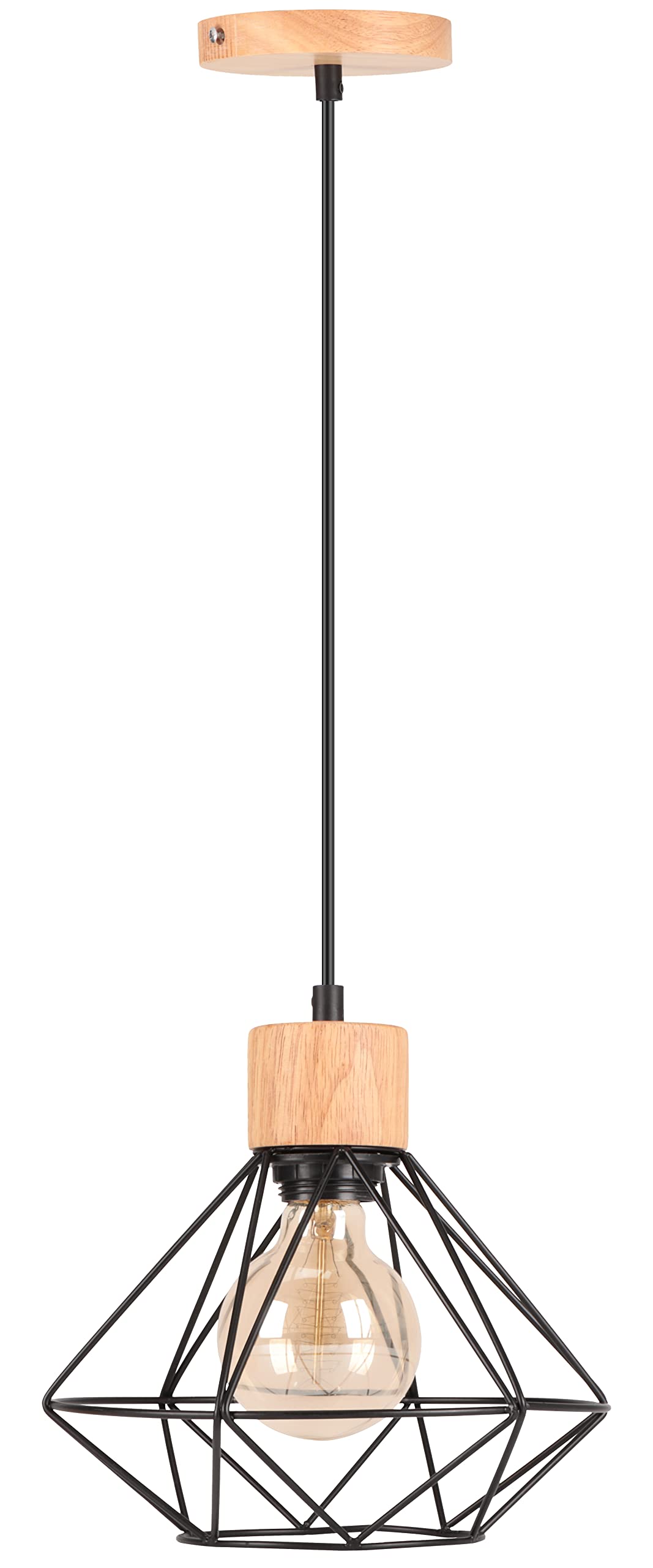 TOKIUS Lámpara Colgante Vintage 22CM Retro Lámparas de Techo Diseño de Jaula Negro Luz Colgante en Madera Hierro E27 Iluminación de Techo de Interior para Pasillo Comedor Dormitorio (Colgante 1 Luz)