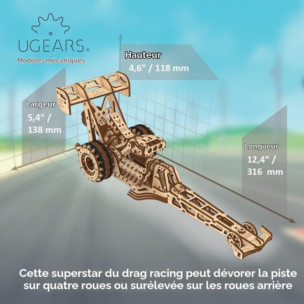 UGEARS Dragster Car Model Kit - Top Fuel Dragster 3D avec Moteur à Ressort Puissant - Drag Racing Model Car Kits Puzzles 3D à Assembler - Puzzles 3D en Bois pour Adultes et Enfants
