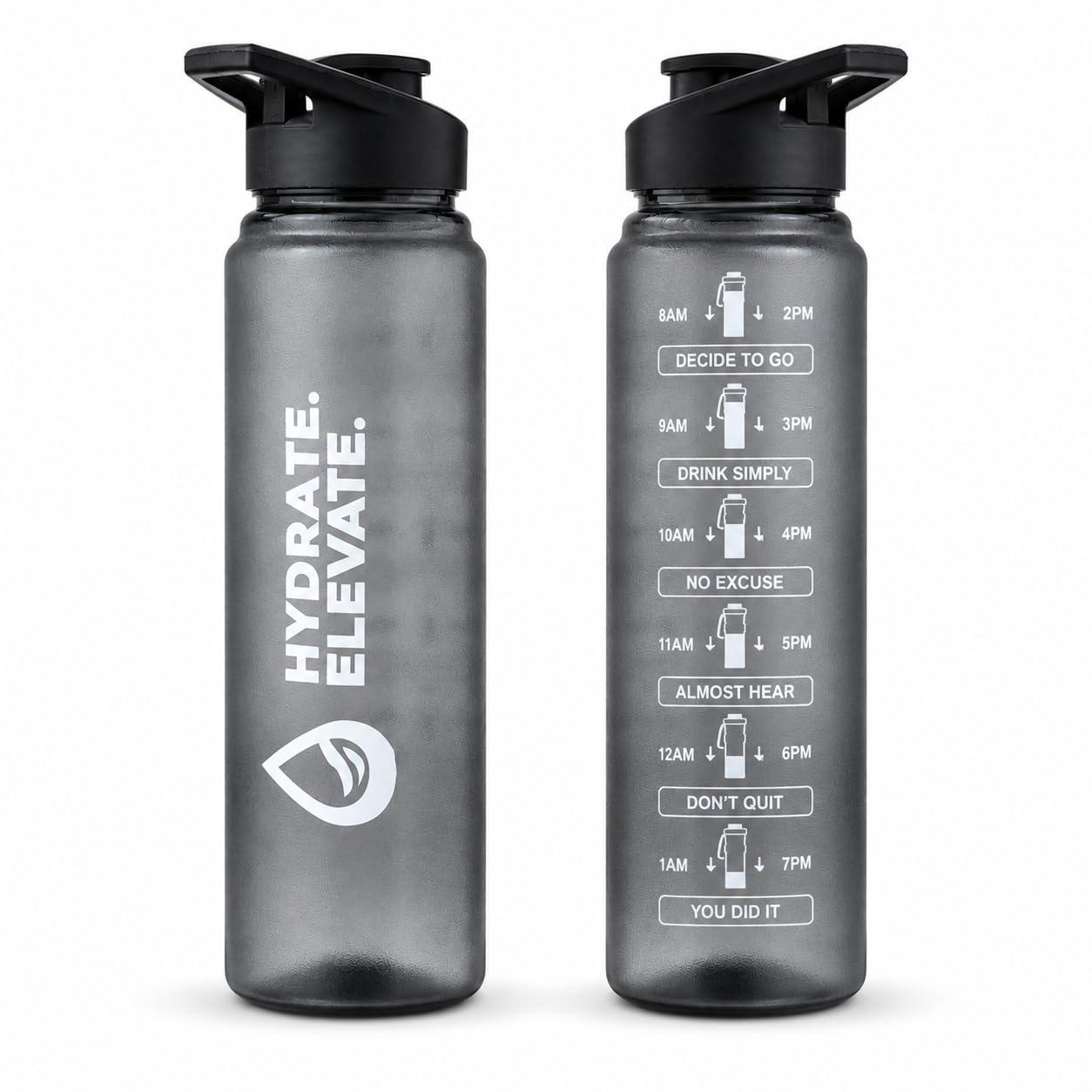 Hydrate Elevate 1L Water Bottle - BPA-Free Tritan with Motivational Time Markers | Leakproof Sports Bottle | Wide Mouth Design | Gym, Office & Travel Hydration Bottle (Smoke Black)