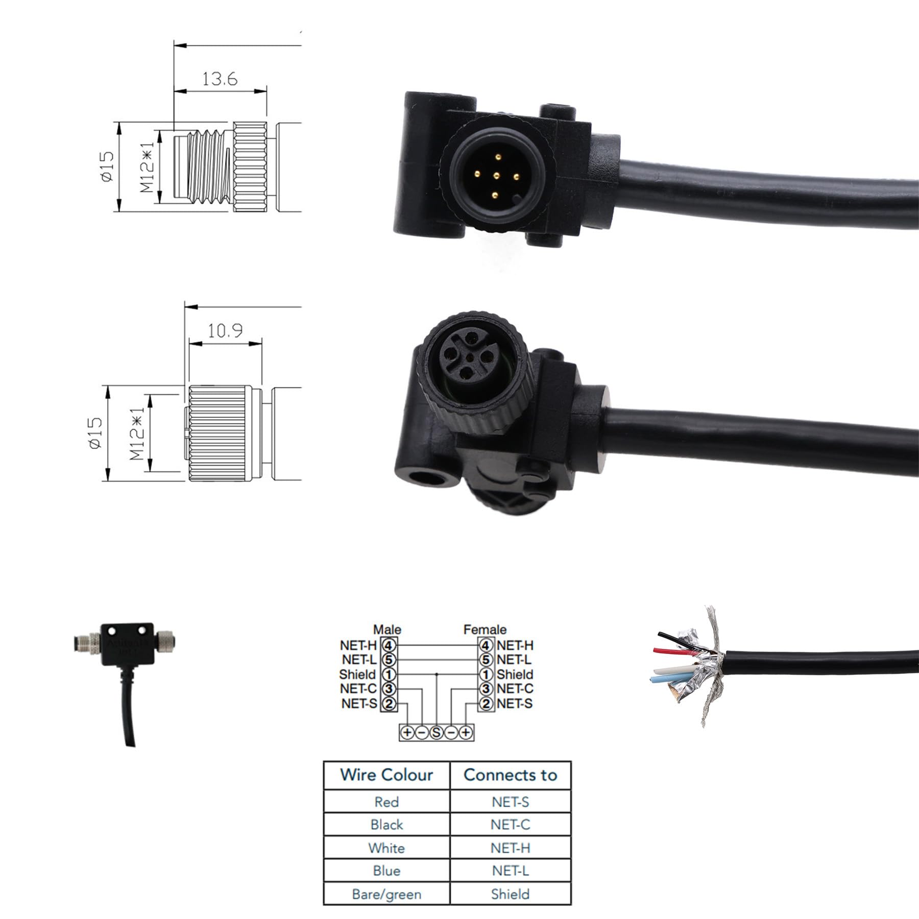 HangTon NMEA 2000 Netzwerk Elektrisches Stromkabel, T-Stück T-Stück T-Stück Stecker 5pin für Marine Boot, Lowrance, Garmin, Airmar, Maretron, Raymarine, Simrad, Navico, 12/24V 4A, 1 m