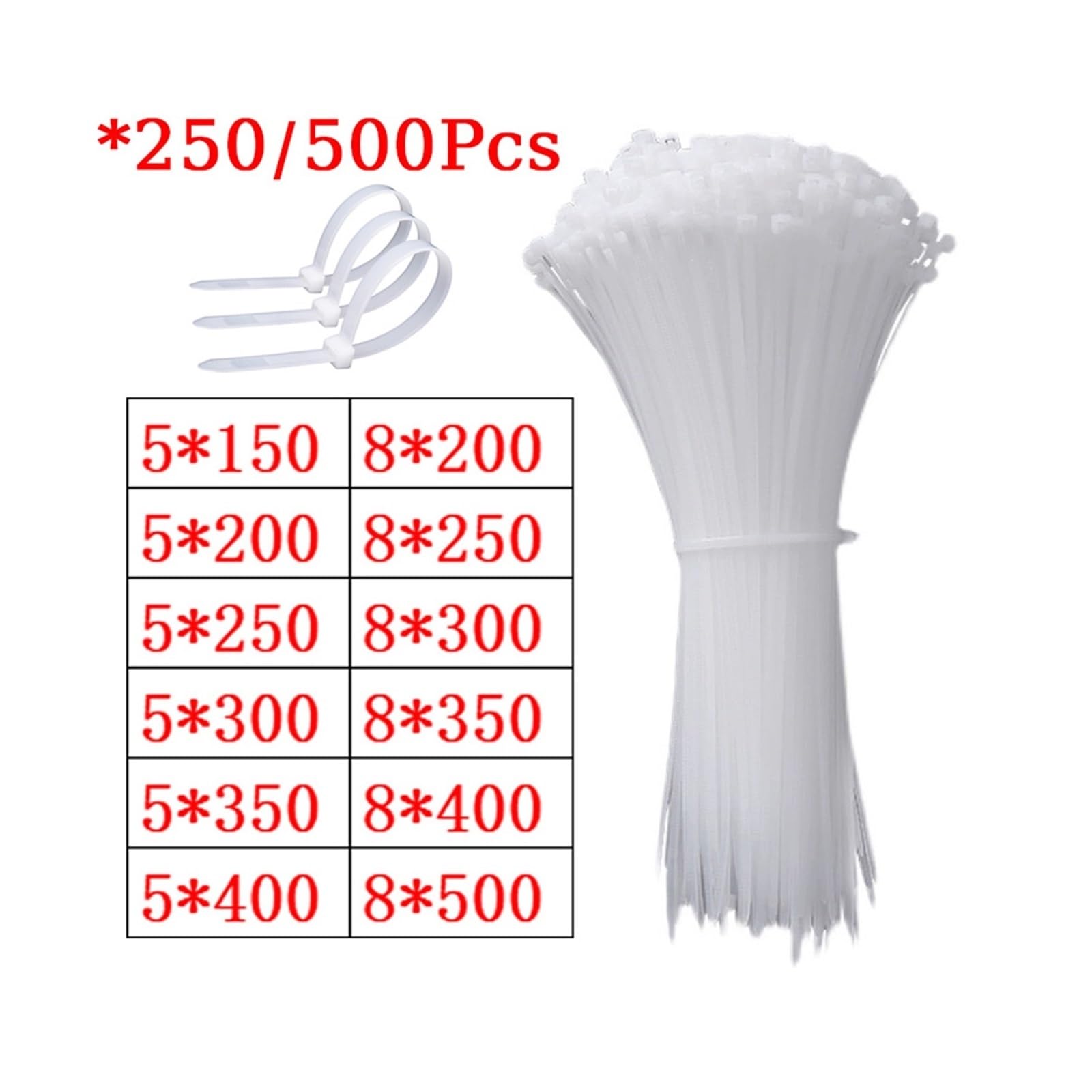 Bridas de nylon ABS con cierre automático, Bridas for cables de nailon autoblocantes, varios tamaños, color blanco, paquete 250 o 500 unidades(8x500mm,1 Pack)