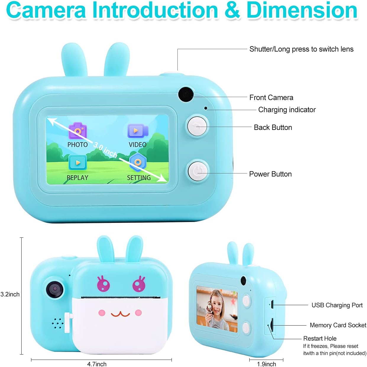 Kids Camera Instant Camera for Kids Digital Camera for Boys Girls, 3.0" Touch Screen Kids Selfie Video Camera Gifts for Kids 3 4 5 6 7 8-12 Children Toy Toddler Camera, Print Paper 32G TF Card, Blue : Toys & Games