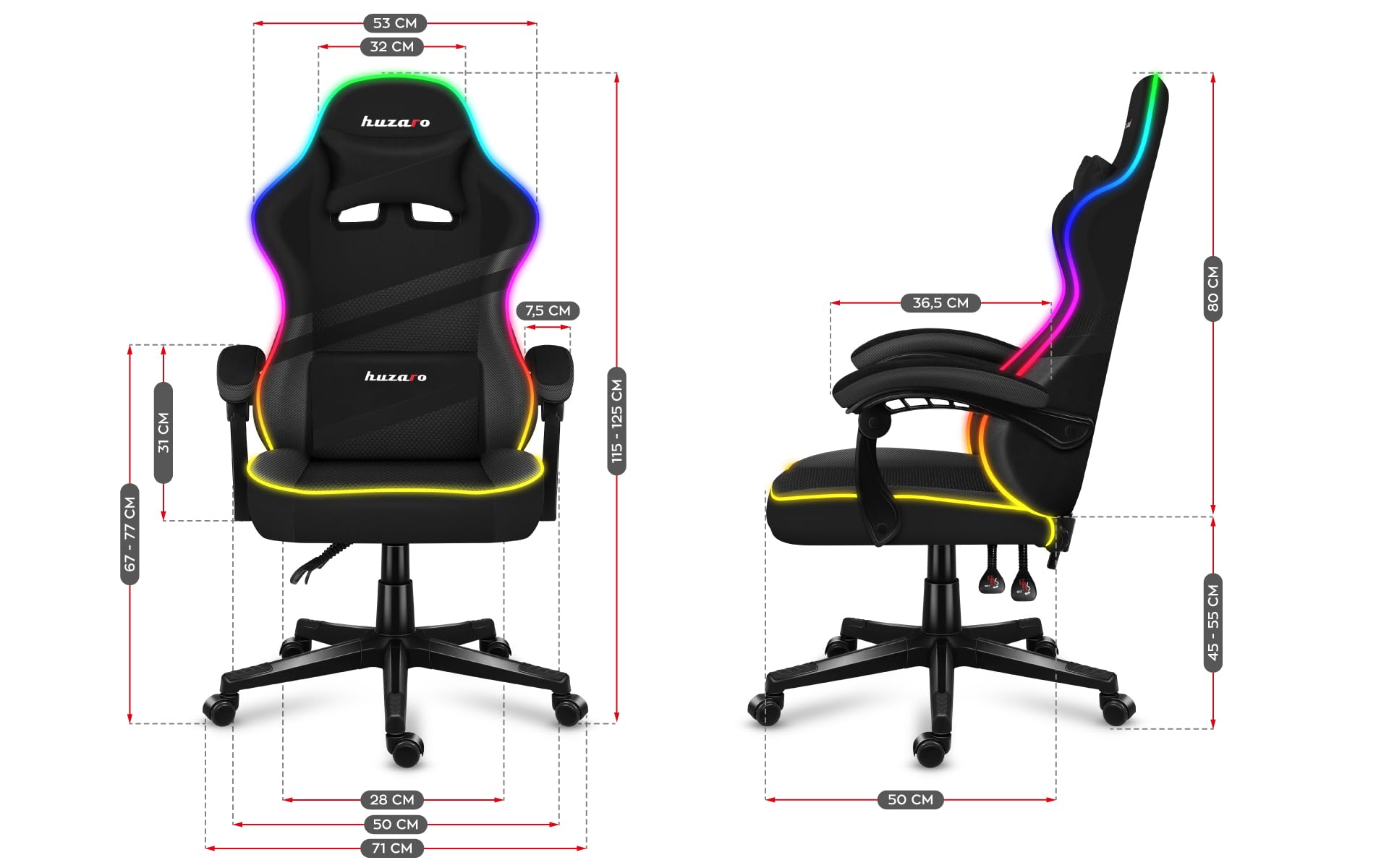 huzaro Force 6.2 RGB Mesh, LED-verlichting Gamingstoel Bureaustoel Schrijftafelstoel Stof Carbon, belastbaar tot 130 kg, In hoogte verstelbare hoofdsteun Lendensteun Ergonomisch, Zwart Mesh