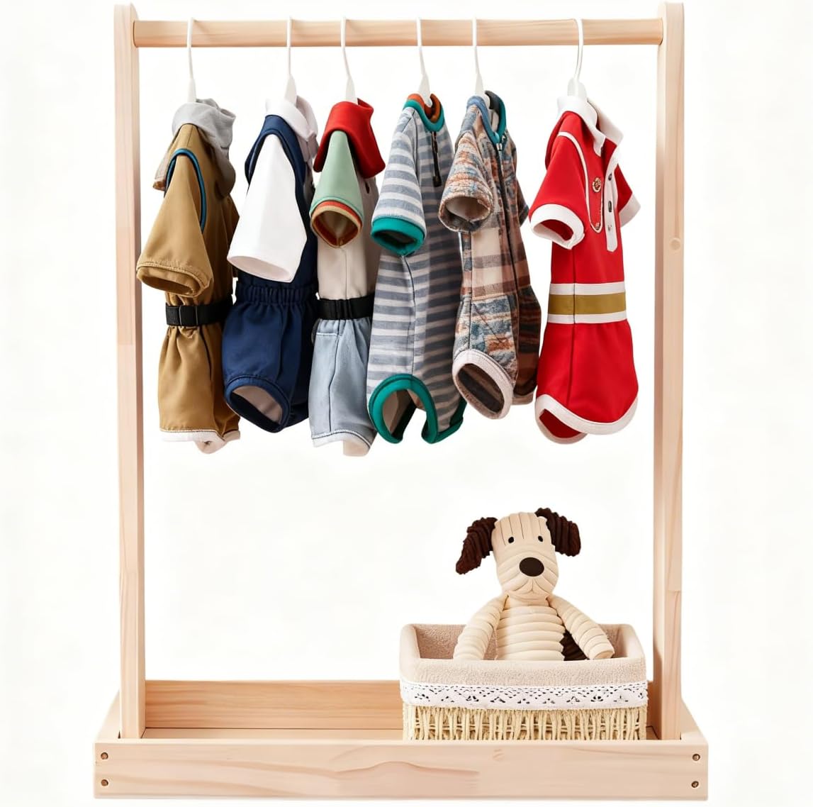 Baby Clothing Rack for Toddler, Pets Clothes Rack with Storage Box & Hanging Rod for Dogs Cats, Wooden Baby Shower Clothes Closet Rack for Nursery Room (Natural wood)