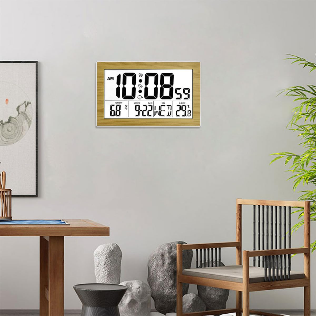 Beaupretty Reloj Electrónico de Pared Digital Grande sin Pilas Calendario y Despertador Silencioso, Pantalla LED de Fácil Lectura para Hogar y Oficina, Termómetro Integrado, Diseño Madera