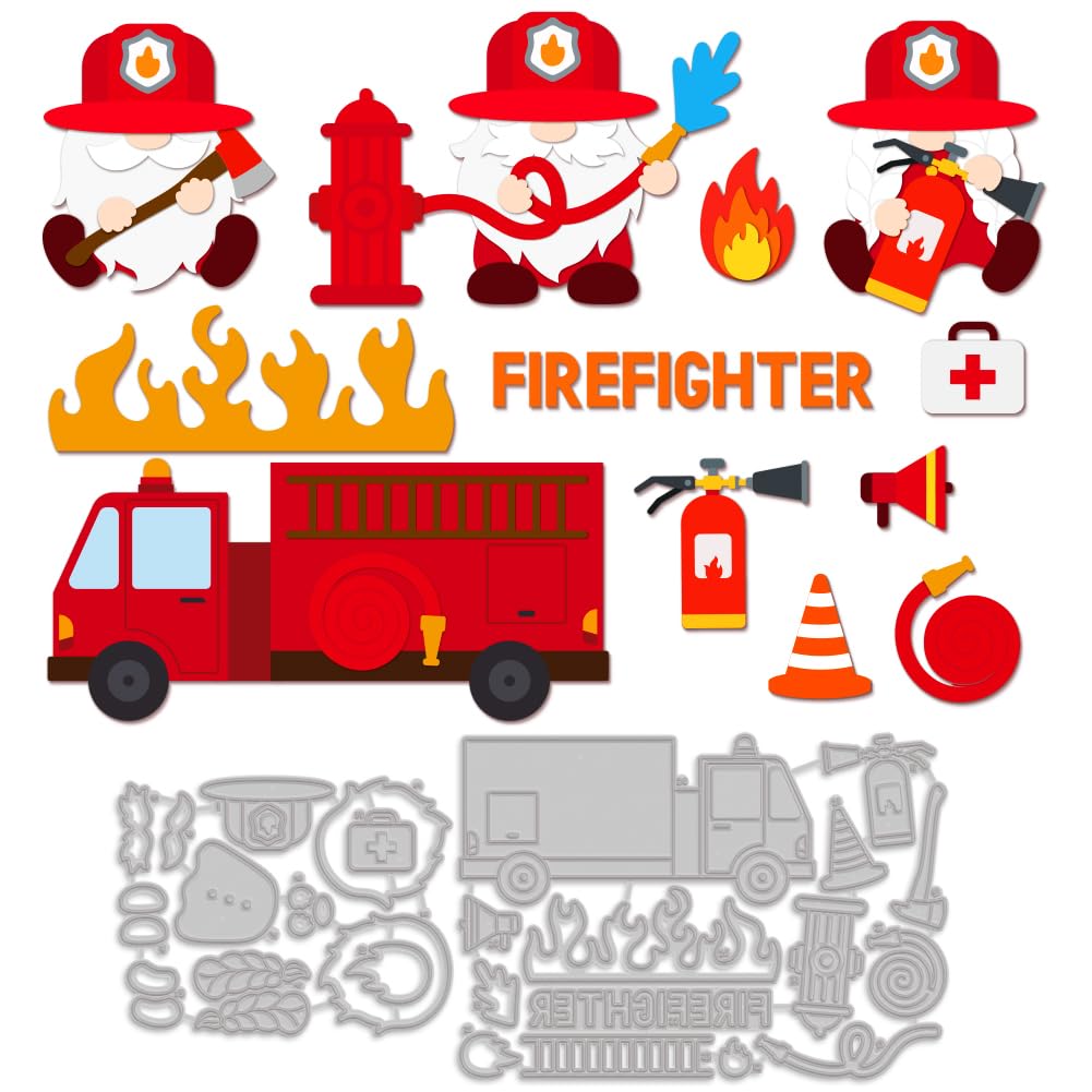 MAYJOYDIY Firefighter Gnome Cutting Dies Fireman Gnome Die Cut Carbon Steel Embossing Template Fire Truck Fire Protection Theme Pattern for Card Making Scrapbooking Envelope DIY Paper Craft Supplies