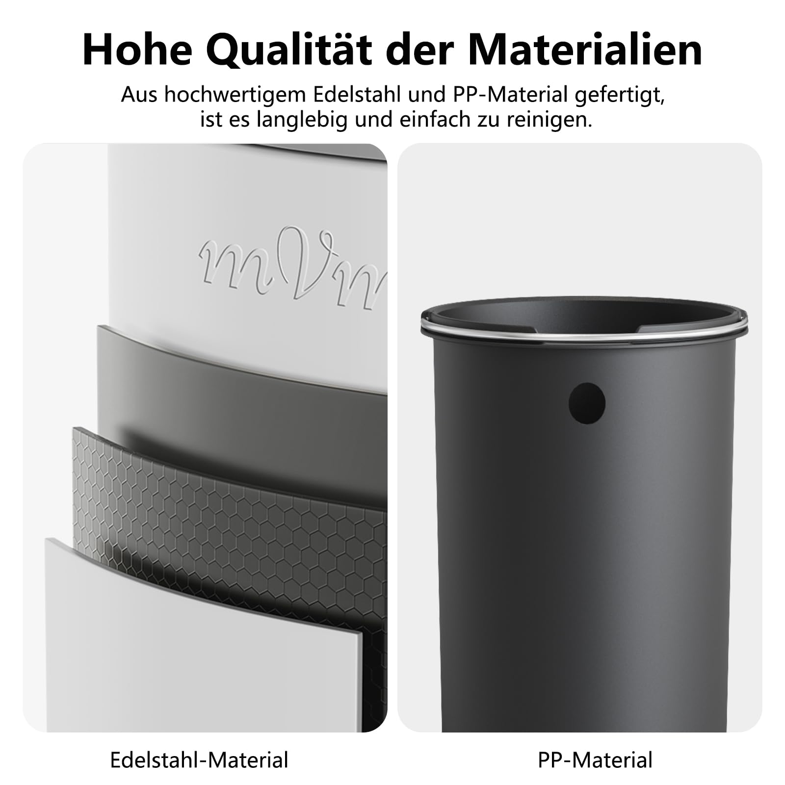 mVm Mülleimer Küche 20L, Mülleimer mit Deckel, Weiß | Soft-Close, Herausnehmbarem Inneneimer, Fingerabdrucksicher & Geruchsdicht, Edelstahl, für Küche, Haus und Büro, Badezimmer