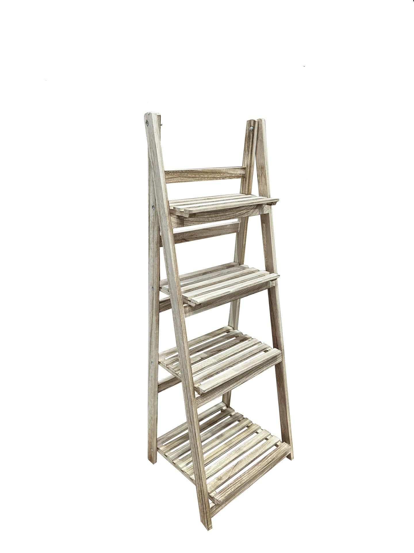 Estantería para Plantas, Interior y Balcón, Soporte Flores, Escalera de 4 peldaños Plegable de Madera (Natural)