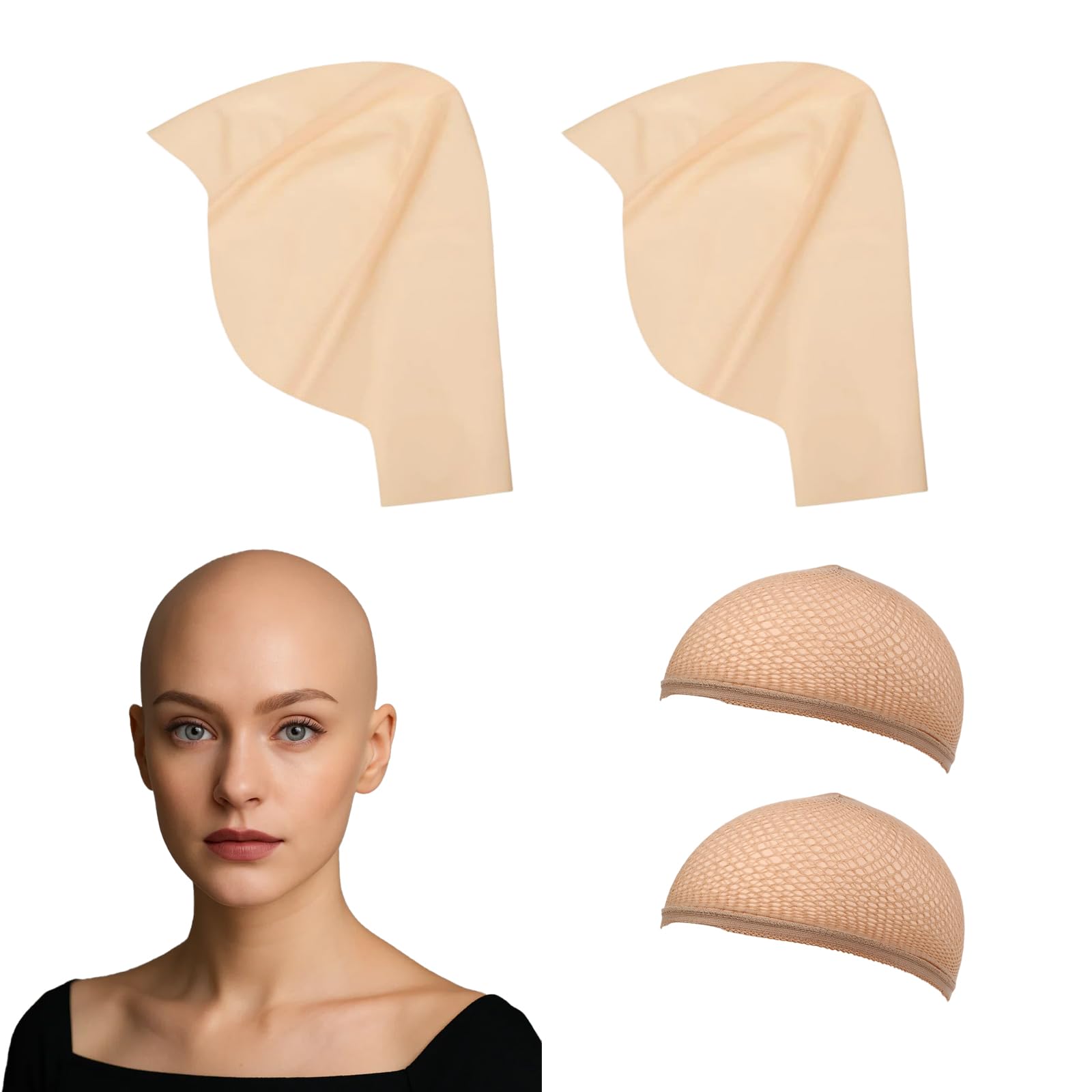 PonFxp Bald Cap, 2 Pcs Bald Caps and 2 Hair Net for Dress Cosplay Skin-Color Baldcaps for Adult Men Women Bald Cap Pitbull