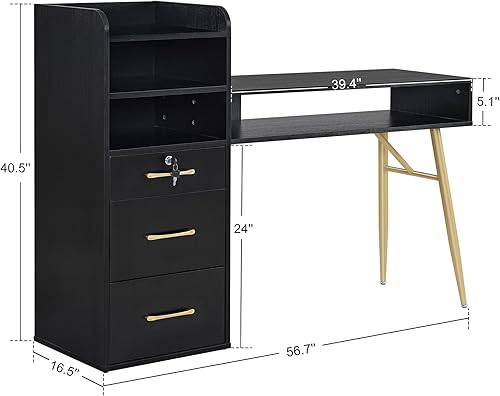 Miniatura 3 de BarberPub Mesa de manicura con 3 cajones y 4 estantes, escritorio de uñas con asas y patas doradas, mesa de uñas para tecnología de uñas, equipo de