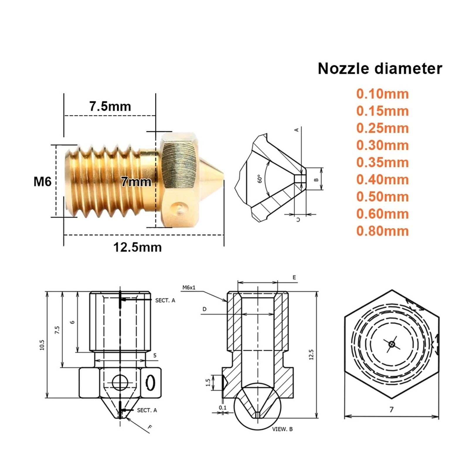 Ugello V6 in ottone, compatibile con Trianglelab, hotend stampante 3D | Accessorio ugello per hotend ed estrusore, per manutenzione e sostituzione su stampante 3D(4pcs,0.1mm)