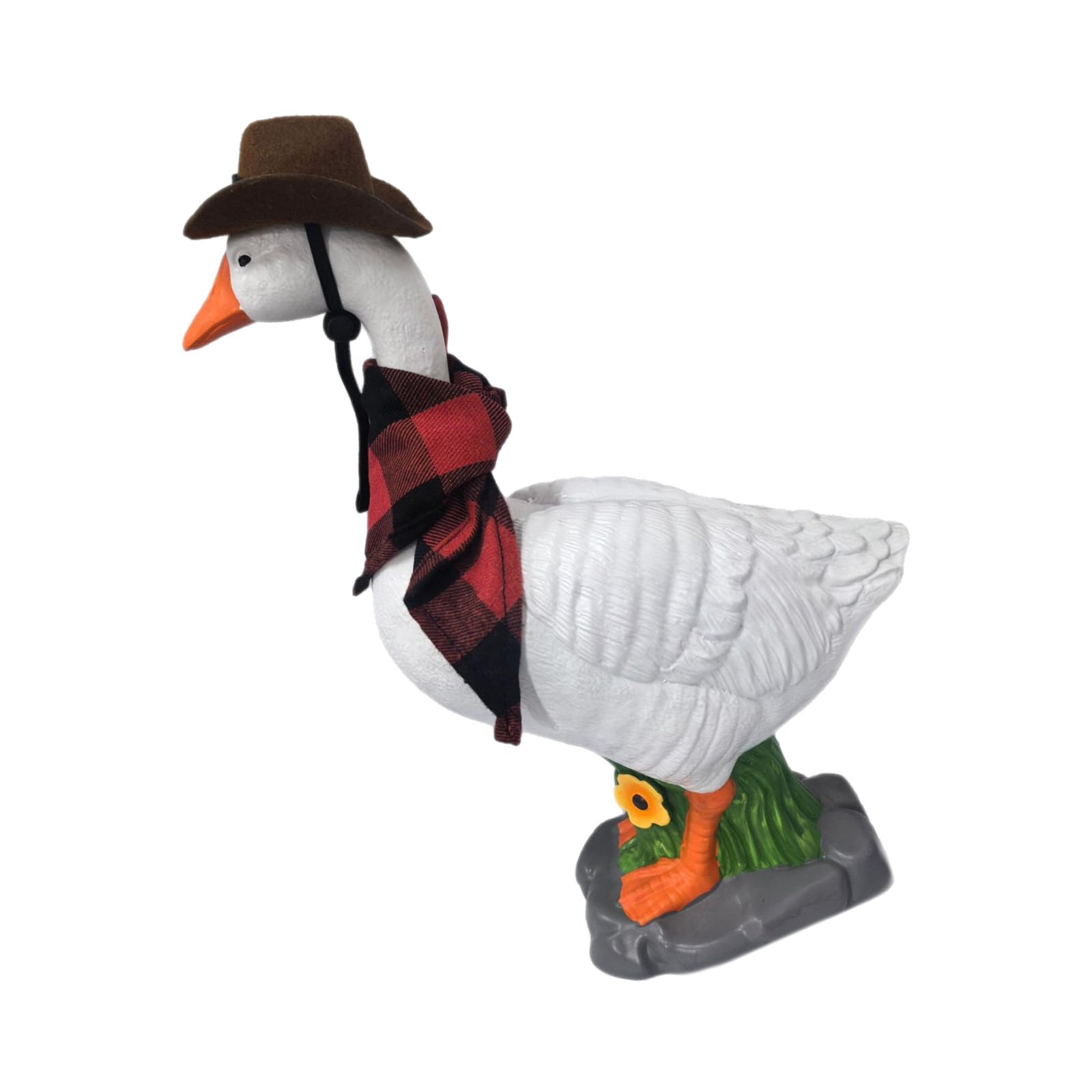 Statuetta realistica di oca da giardino cava con base in pietra | Grande oca da portico in resina con base riempibile in sabbia, cappello da cowboy staccabile per vacanze all'aperto