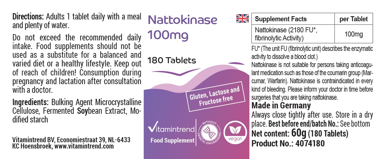 Vitamintrend Nattokinase 100mg, 180 tabletek po 100mg (21.800 FU/g), wysoka dawka, wegański, bez stearynianu magnezu, wyprodukowany w Niemczech