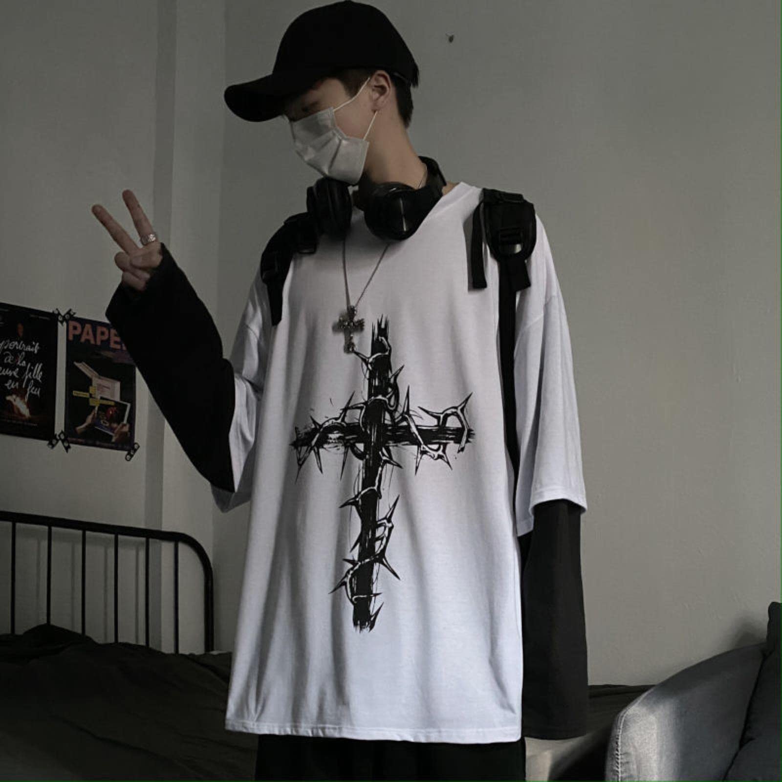 Emo Gothic Kleidung Langarm Oversize T-Shirt Mall Goth Japanisch Koreanische Streetwear Männer Frauen Ästhetische Grunge Kleidung-schwarz,S
