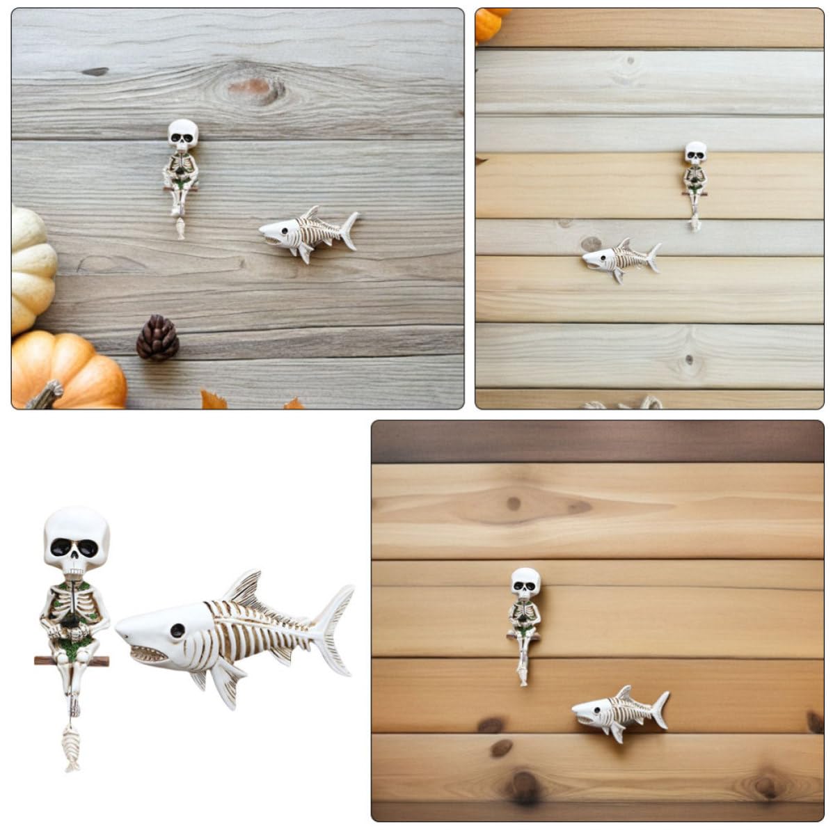 SEWACC 4 Juegos Escultura de Tiburón Esqueleto de Resina para Decoración de Halloween, Diseño Gótico Único, Fácil Instalación y Exhibición Versátil para Mesa o Fiestas
