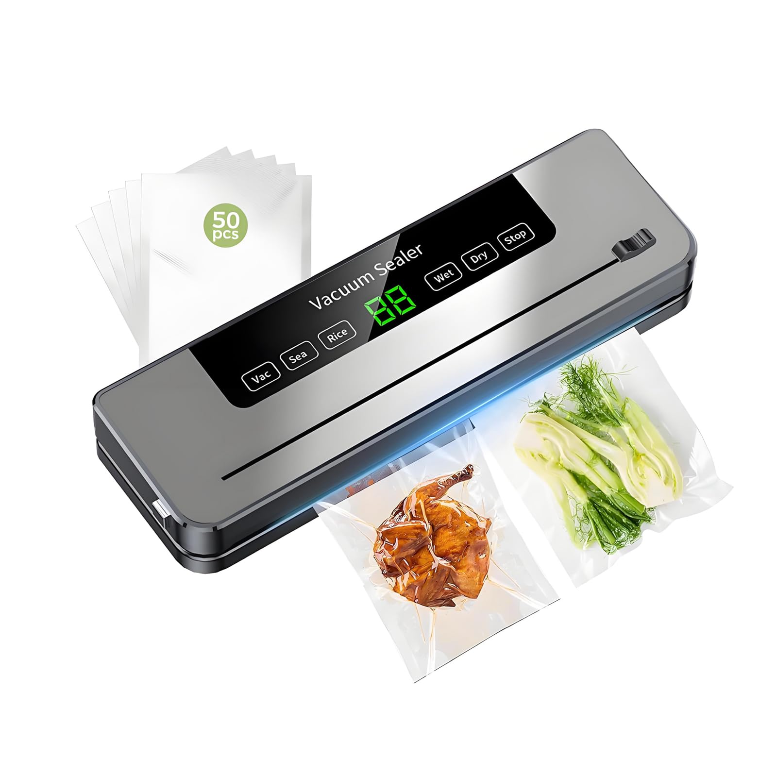 6-in-1 Multi-functional Food Vacuum Sealer Machine with Built-In Cutter, LED Digital Display, 50 Vacuum Bags for Preserving Meat, Vegetables, Snacks, Fruits, Grains