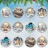 Sawysine 12 Pcs Wonderland Ornaments for Christmas Tree Winter Landscape Woodland Deer Snowflake Winter Hanging Tree Ornaments for Winter Christmas Holiday Decorations