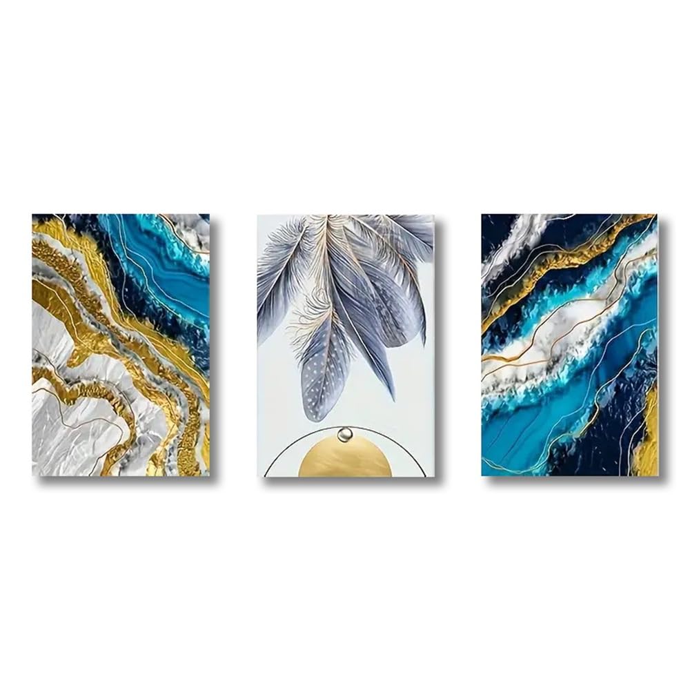 SOBMQ Poster-Canvas Print Abstract Feather Sea Wave Painting Modern Blue Gold Luxury Wall Art Picture for Living Room Kitchen Office Bedroom Wall Decor-60 * 70cm-3PCS (No Frame)