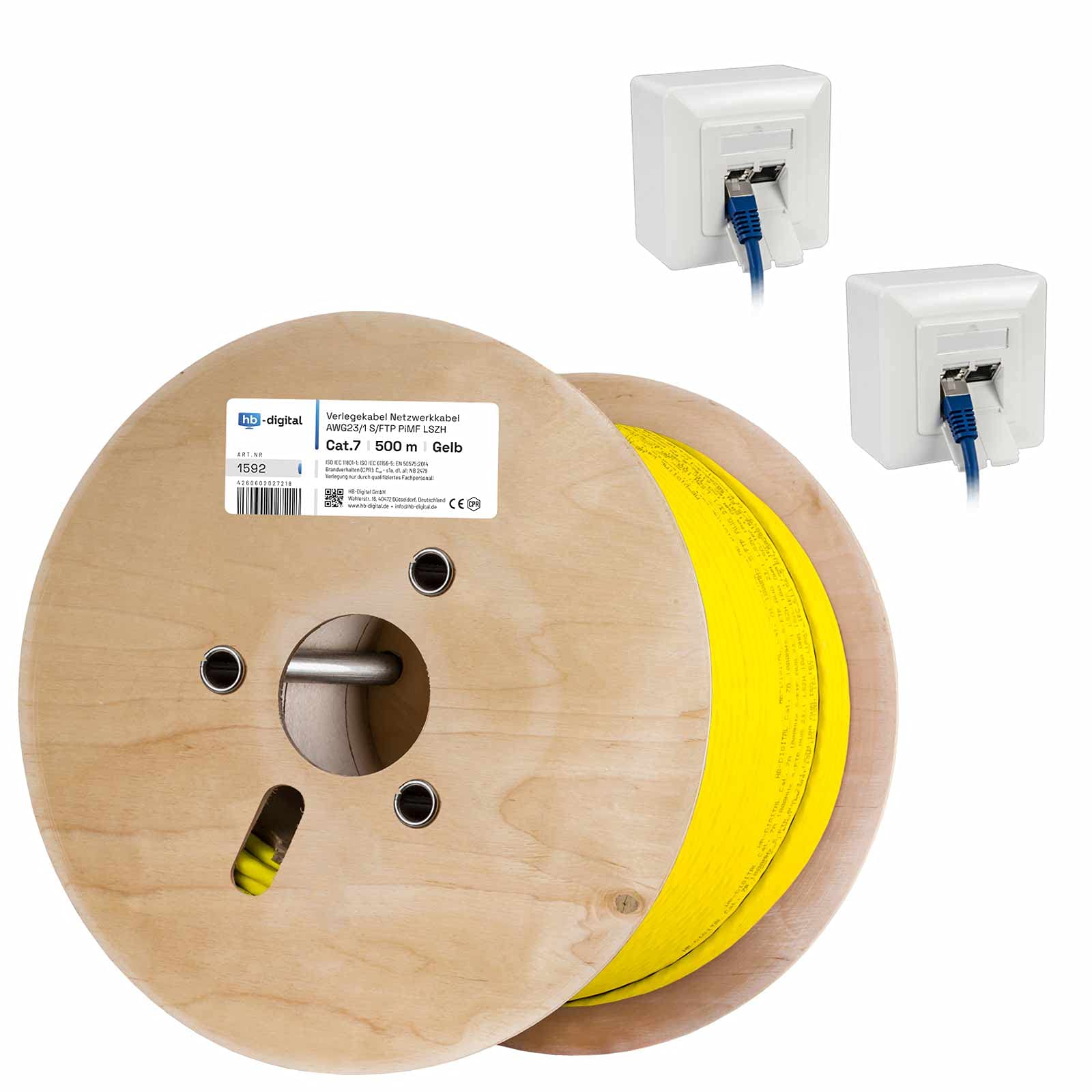 HB-DIGITAL SET Câble réseau LAN CAT.7 de 500 m - Câble de pose AWG 23 - En cuivre pur S/FTP PiMF LSZH - Sans halogène - RoHS - Certifié GHMT - Ethernet PoE 10 Gbit/s 1000 MHz - Jaune + 2 prises réseau