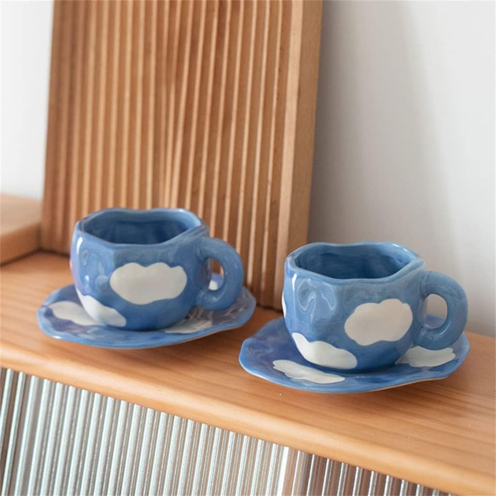 Hand Painted The Sky and White Clouds Coffee Cup With Saucer Ceramic Handmade Tea Set For Her(Black)