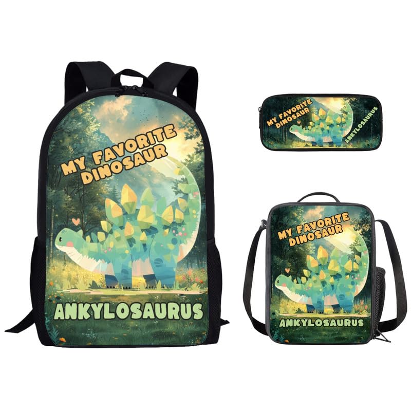 Ankylosaurus Forest Sunrise Backpack for Boys with Cute Dinosaur Hand Drawing Lunch Box Set Elementary Kids Bookbag with Lunch Bag/Rucksack Primary School Kids Pencil Box2