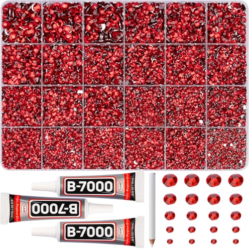 31000Pcs Red Rhinestones for Bedazzling Siam Mix Sizes 2 3 4 5 6mm Flatback Gems Bedazzle Kit with B7000 Glue Flat Back Resin Rhine Stone Crystal Jewel Diamond Gemstone for Crafting Clothes Shoes