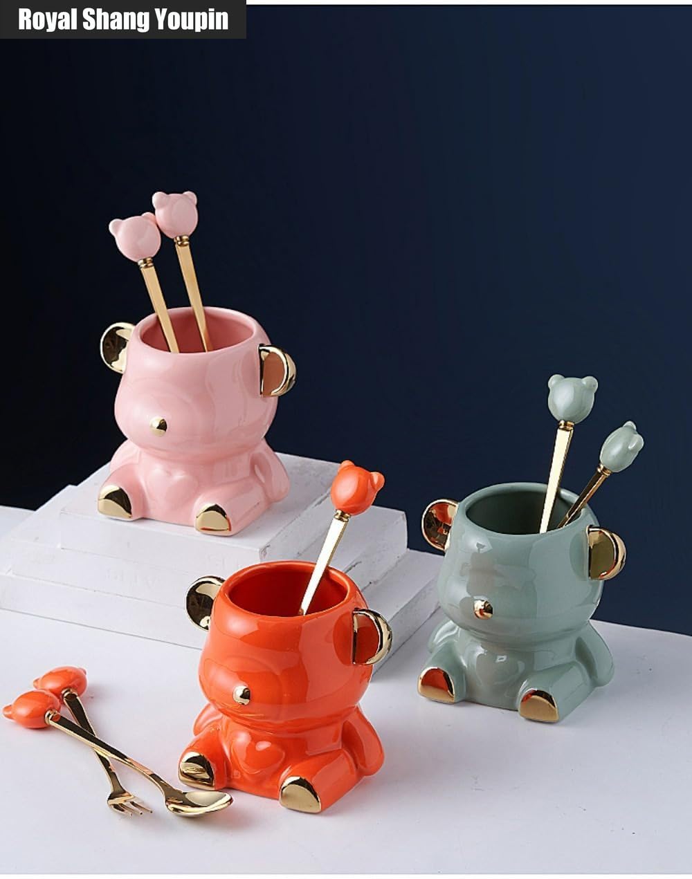 Juego De 12 Piezas De Cubiertos De Acero Inoxidable De Dibujos Animados, Cuchara, Tenedor, 14,5 Cm/5,7 Pulgadas, Cuchara De Postre, Tenedor (Negro/Dorado,Con almacenamiento)