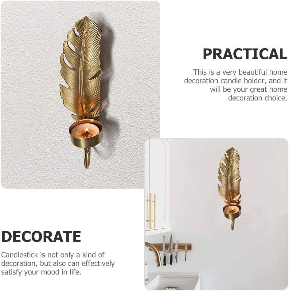 2pcs Wall Candle Holders - 7.8inch Gold Leave Candlesticks Holder Metal Candle Sconces Hanging Wall Sconces for Home Decor, Shooting Props - Mounted