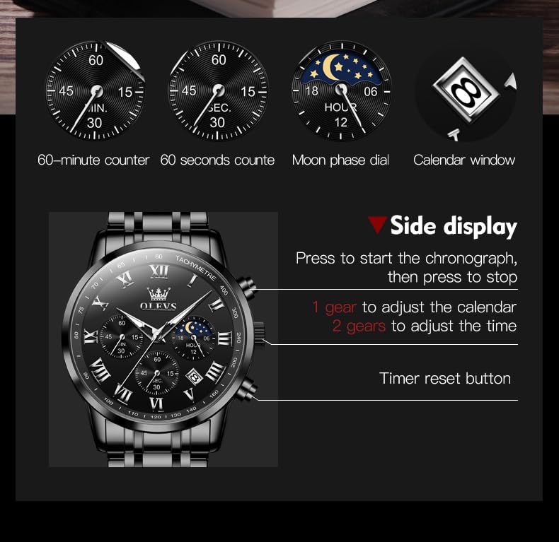 Image of OLEVS Watch for Men Original Analog Quartz Chronograph Luxury Dress Stainless Steel Chain Waterproof Luminous Men's Wrist Watch Date