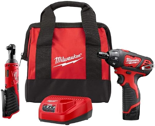 Milwaukee M12 Kit combinado de trinquete y destornillador inalámbrico de iones de litio de 12 voltios (2 herramientas) con batería, cargador, bolsa