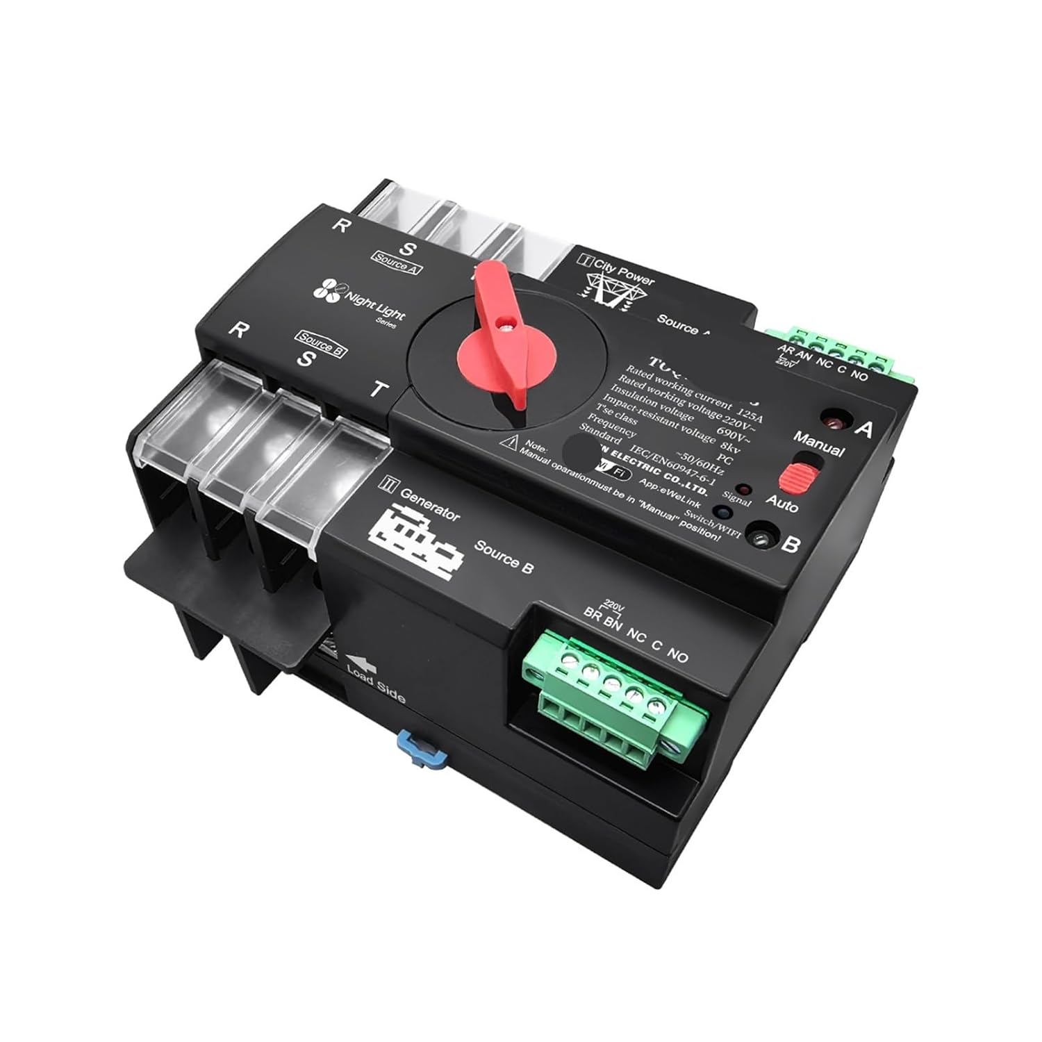 Detaillierte view of the TOMZN WiFi Smart ATS wiring terminals, showing labels for Source A, Source B, Load Side, and control connections.