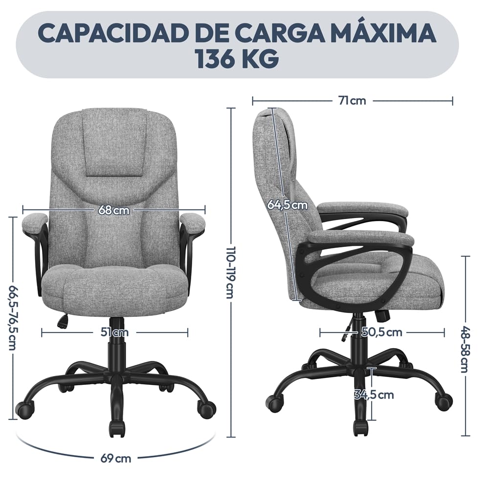 Yaheetech Silla de Oficina de Tela con Respaldo Alto Ergonómico Altura Ajustable Silla de Escritorio Ejecutiva Silla Giratoria Reclinable Sillón Gris