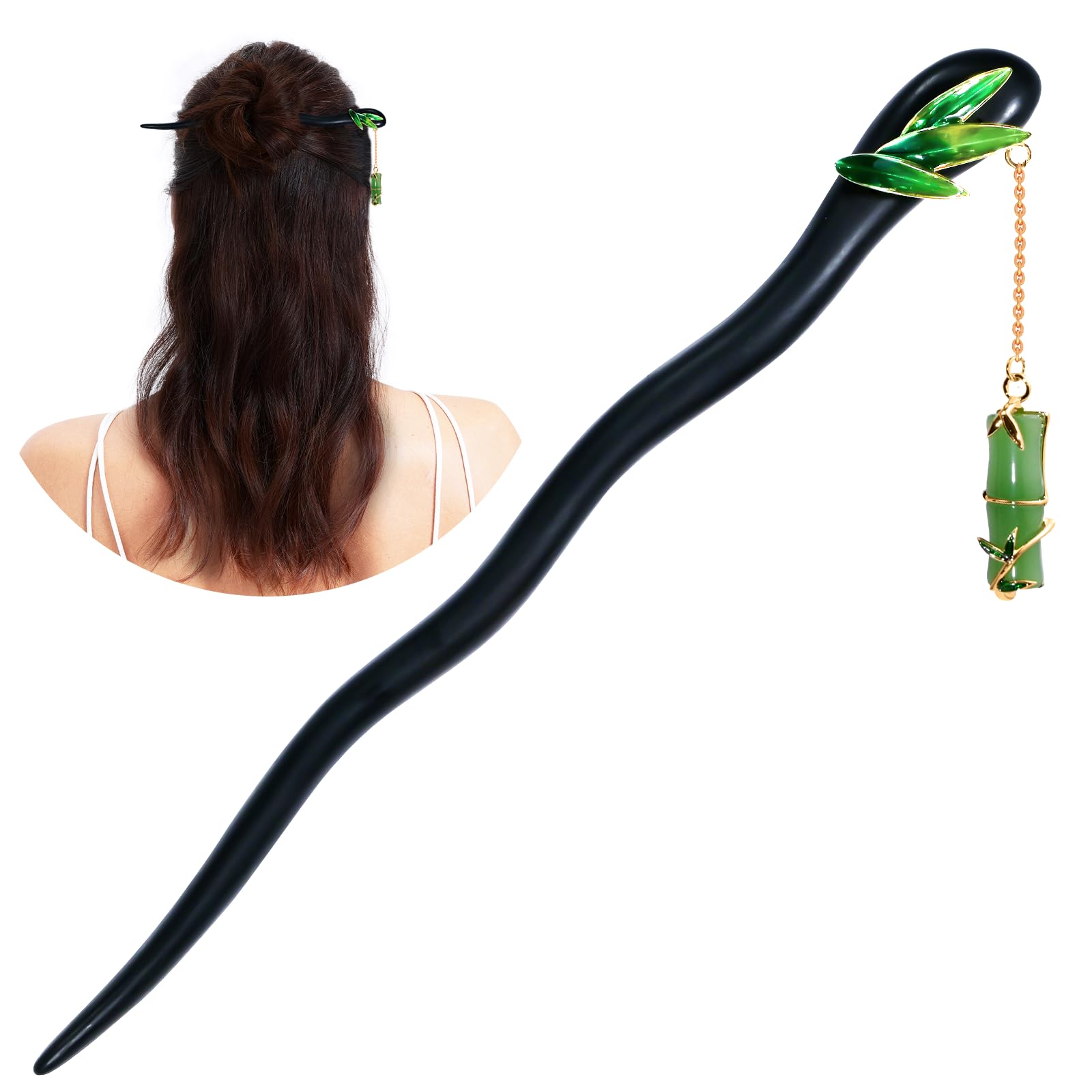 KZQtriid Hair Accessories，14k Gold Plated Copper，Vintage Handcrafted Natural Ebony，6.88" Hair Chopsticks For Women，Colour Enamelss Jade Bamboo Tassels