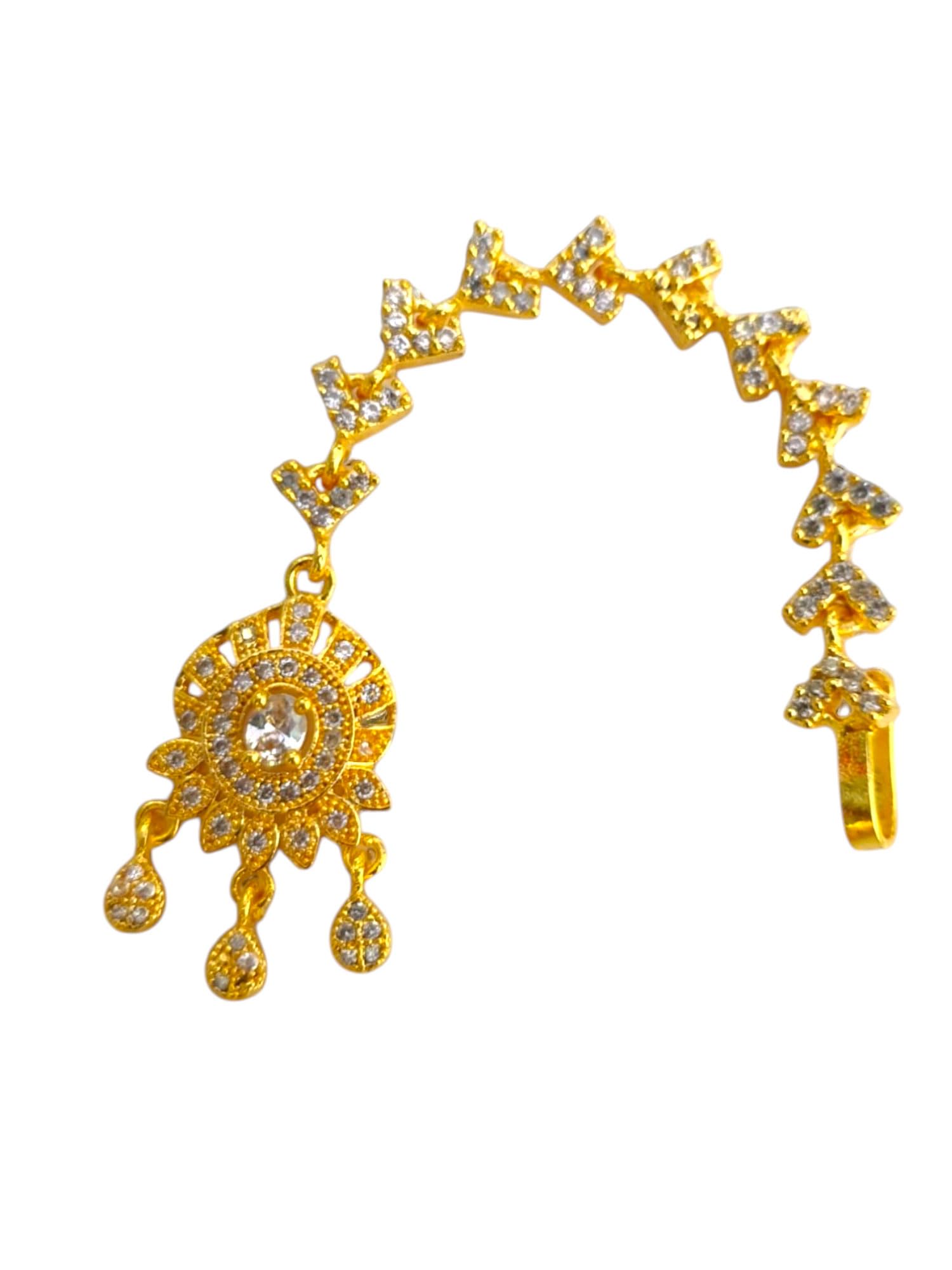 Traditional Gold-Plated American Diamond Maang Tikka with Ruby-Coloured Stone | Hanging Drops | Bridal Jewellery | D544-image-34