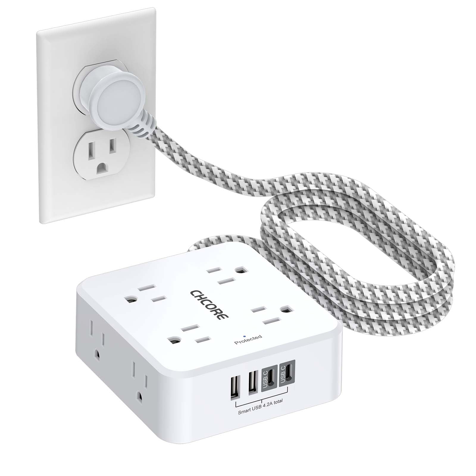 - Surge Protector Power Strip - CHCORE 5Ft Braided Extension Cord with 8 Outlets with 4 USB (2 USB C) Charging Ports, Flat Plug Multi Plug Outlet Extender Charging Station for Home Office, ETL, White