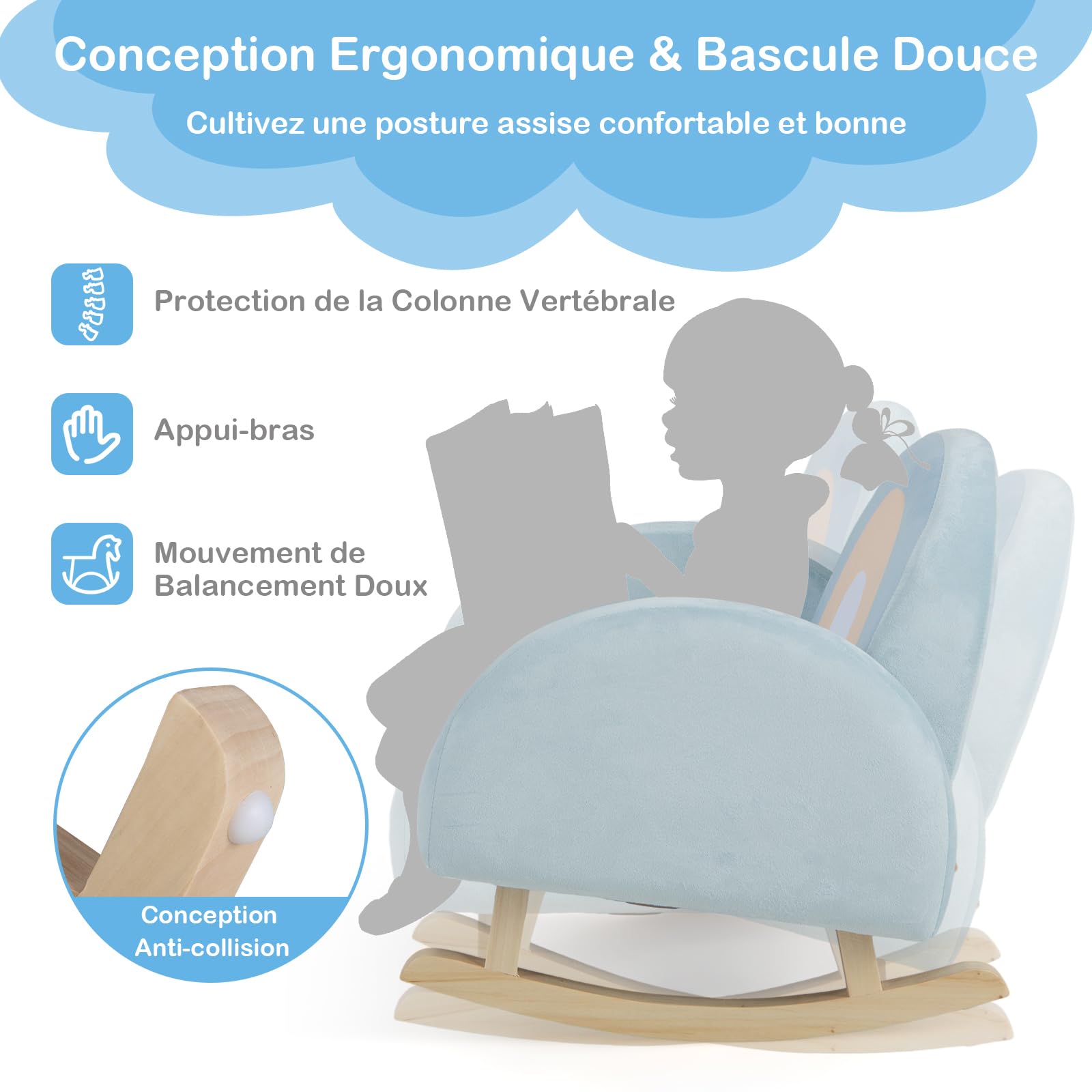 GOPLUS Fauteuil à Bascule Enfant 3-5 Ans, Canapé Enfant avec Cadre en Bois Massif et Revêtement en Velours, Design Anti-Basculement, Chaise à Bascule pour Chambre d'enfant, Salle de Jeux, Bleu
