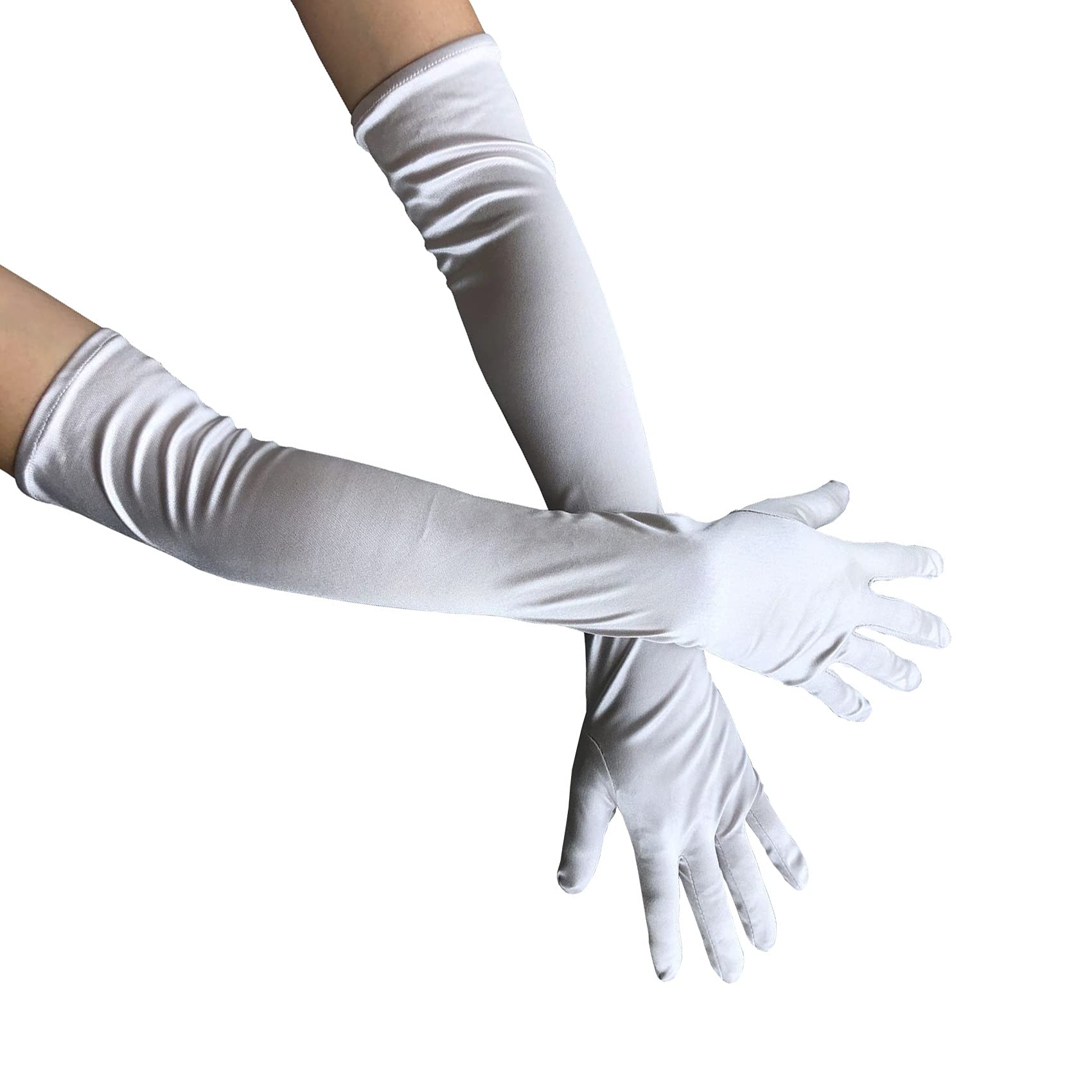 Long Opera Party Gloves for Women, 1920s 20s Satin Gloves Elbow Length for Bridal Evening Dress & Wedding & Dance W-G-1, White, One Size