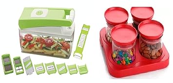 HOMPAC 12 in 1 Vegetable Cutter / Slicer / Fruit Chopper / Peeler / Stainless Steel Blades / Multi-Purpose Vegetable Cutter and Plastic Food Grade Airtight Modern Snacks 4 Serving Bowls with Tray Combo