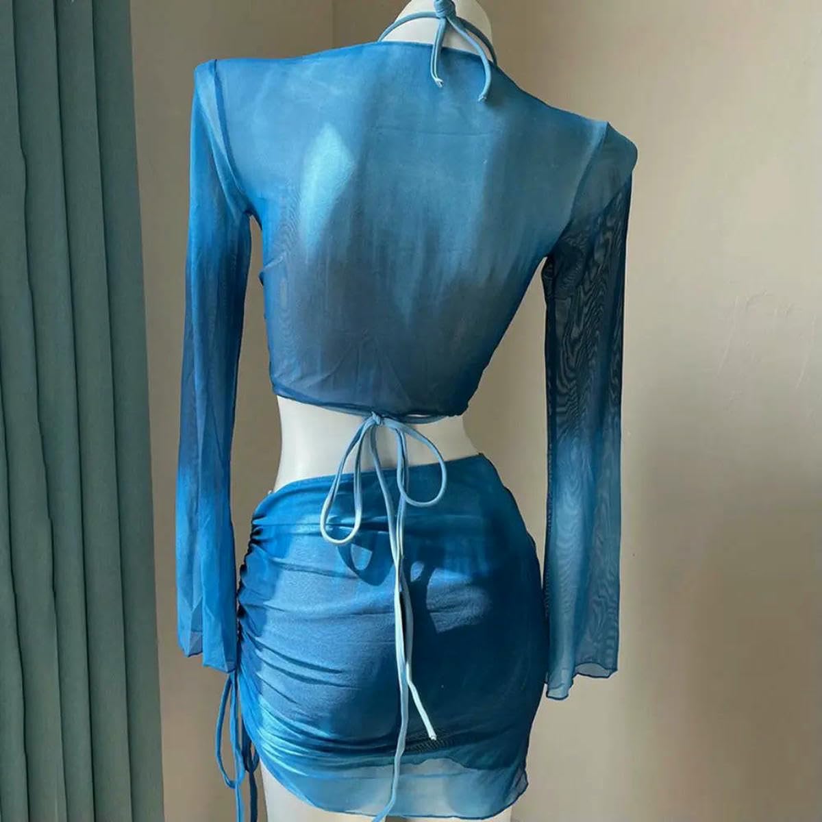 Neoprenowy damski zestaw bikini typu tie-dye | Wielokolorowe damskie bikini Tie Dye M/L/XL 4 szt. Siatkowa spódnica z długim rękawem Ruched kostiumy kąpielowe